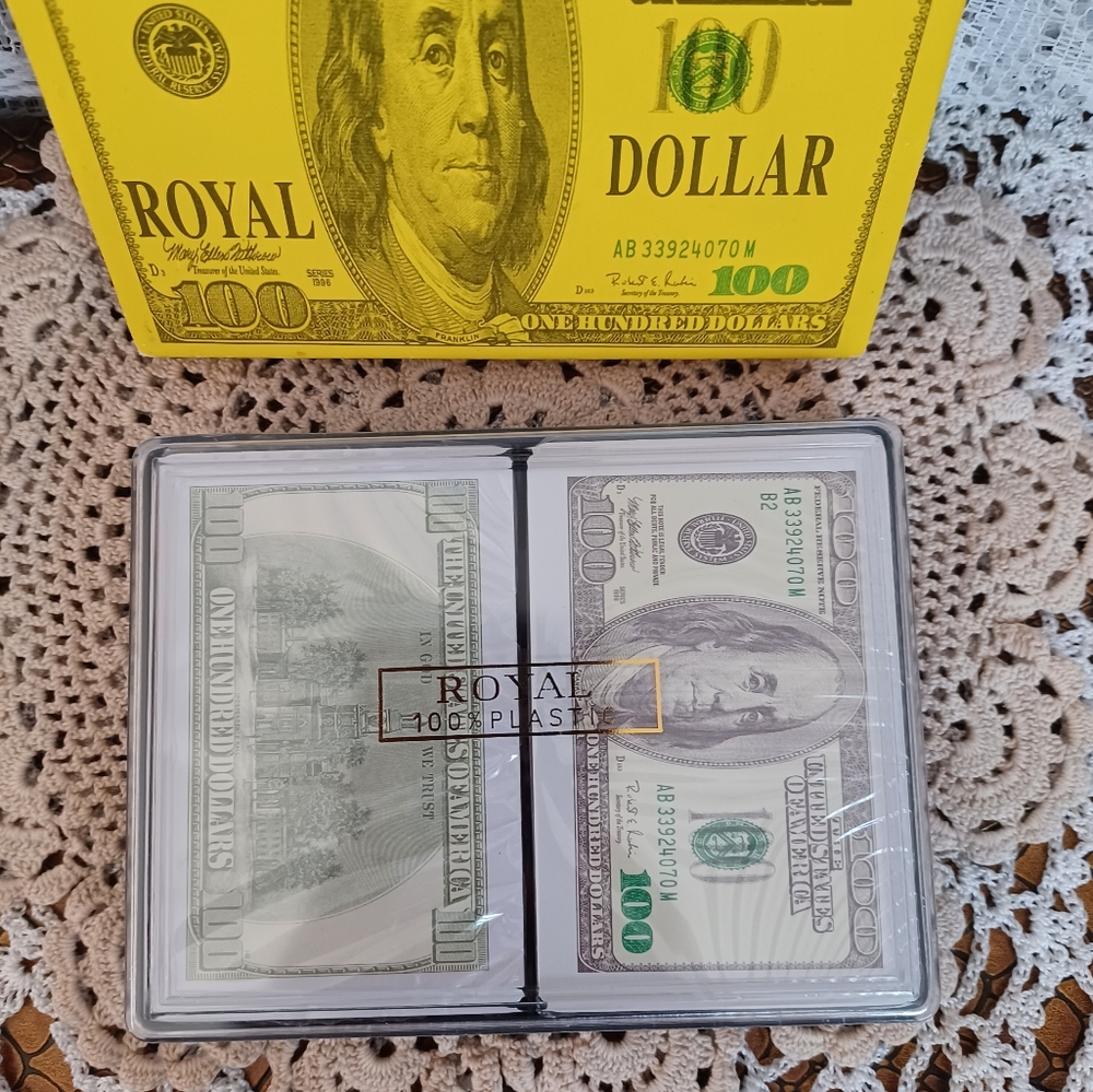 NEW SEALED DOUBLE-DECK PLASTIC CASE PLAYING CARDS ROYAL BRAND 100 DOLLAR BILL